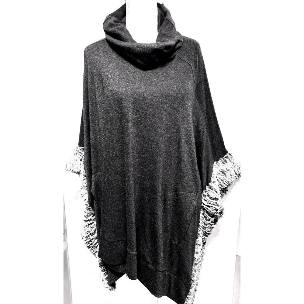 Joseph Ribkoff Gray Cardigan Cape with Short Sleeves, White Vegan Fur Trim- XS